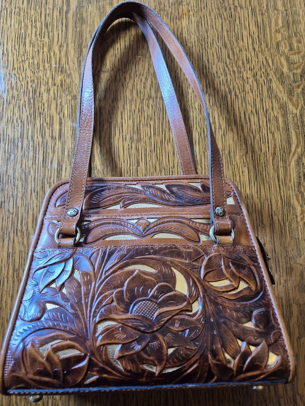 Patricia NASH Embossed, Tooled, Open Cut Work, Floral Leather Shoulder Bag
